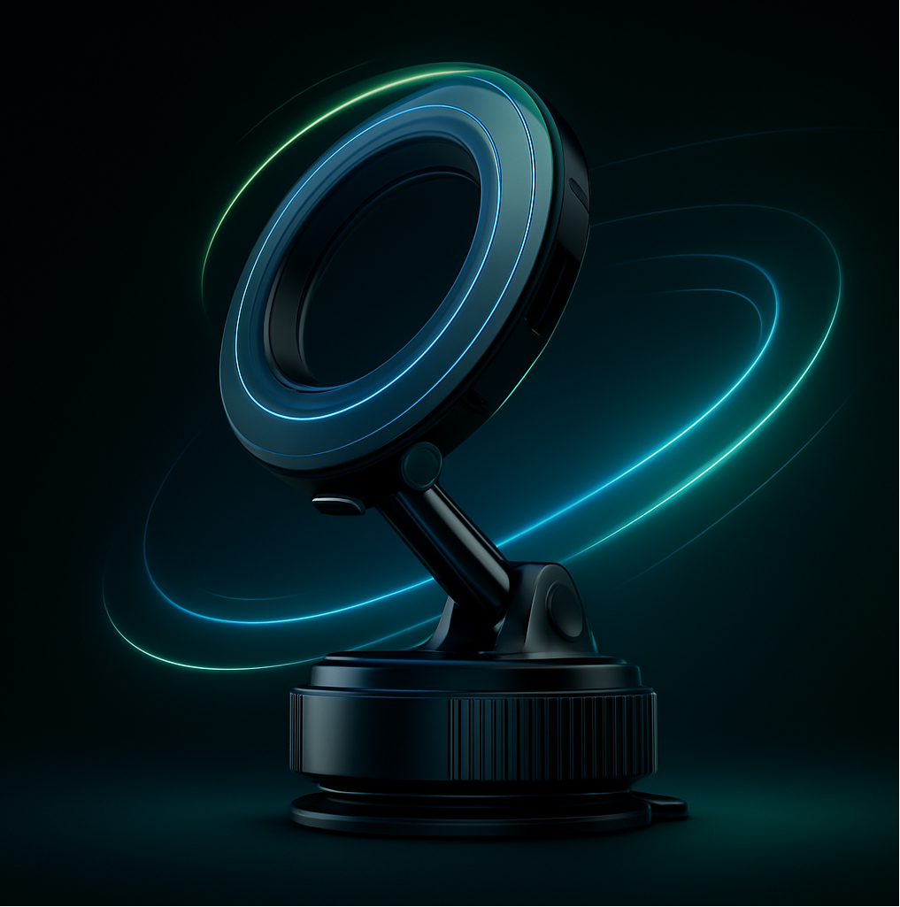 Glowing ring light with blue and green lights on a dark background